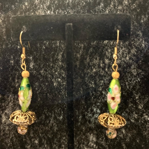 Handcrafted Women’s Jewelry Cloisonné 2 3/4 Inch Beaded Earrings Green Gold - Picture 1 of 3